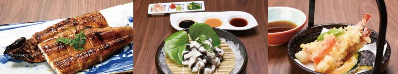 鰻の蒲焼き・鰻の洗い・天ぷらの盛り合せ